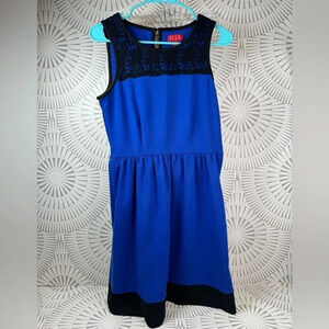 Elle Women’s Royal Blue Dress with Black Crochet Top and Black bottom Hem Size 6